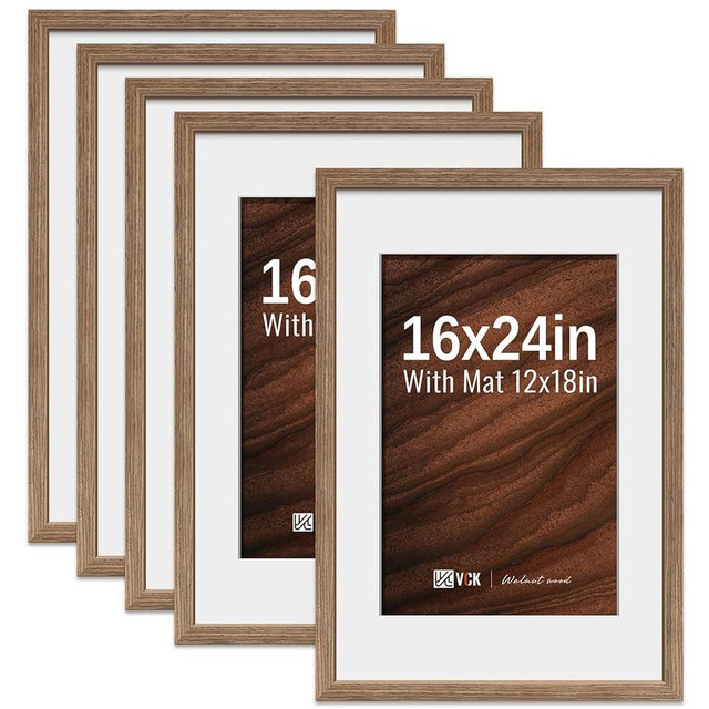 VCK 16x24 Poster Frame 5 Pack - Walnut, High-End Wood Picture Frames with Polished Plexiglass, Display 12x18 Photo with Mat or 16x24 without Mat, Art Gallery-Quality, Wall Hanging, Walnut