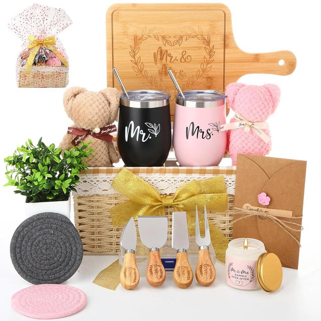 RimCereal Wedding Gift Basket - 21 Pieces Gifts for Couple Mr and Mrs Housewarming Gifts for Women Men New House Apartment Closing Gift Ideas Set