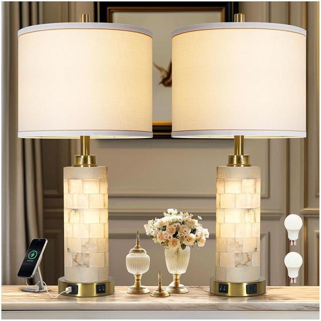 Rustic Natural Alabaster Table Lamp Set Of 2 With Night Light for Living Room Nightstand Table Lamp with 2 USB Ports For Bedroom bedside Lamp for office end table lamp for hotel (bulb included)