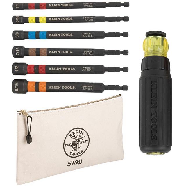 Klein Tools 80182 Ratcheting Impact-Rated Hollow Power Nut Driver Set with Handle, Magnetic, 6 SAE Hex Sizes plus Zipper Canvas Tool Bag, 12.5 x 7 x 0.7-Inch 8-Piece