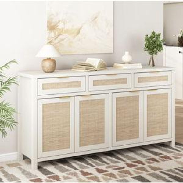 Rattan Sideboard Buffet Cabinet, Boho Storage Cabinet with Adjustable Shelves, Farmhouse Credenza Coffee Bar Cabinets with 4 Doors & 3 Drawers for Living Room, Hallway & Kitchen