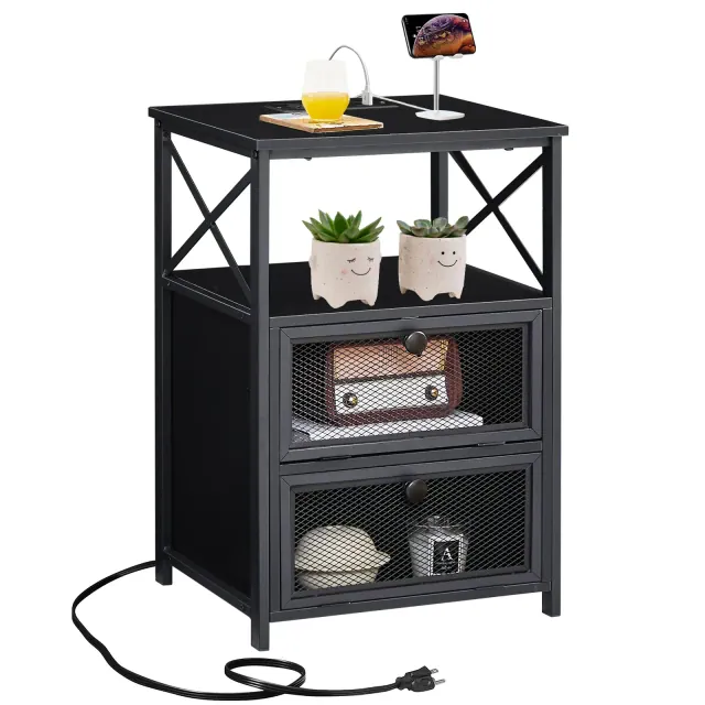 VECELO 1Pc Nightstand with USB Ports and Outlets, Modern Bedside End Table Night Stand with Drawer and Storage Shelf, Black
