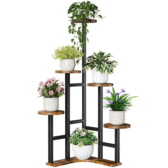 Yzosvki Corner Plant Stand Indoor, 6 Tier Corner Plant Shelf Flower Stand for Multiple Plants, Plant Shelves Organizer Rack for Living Room, Balcony, Patio, Garden, Round Rustic Brown