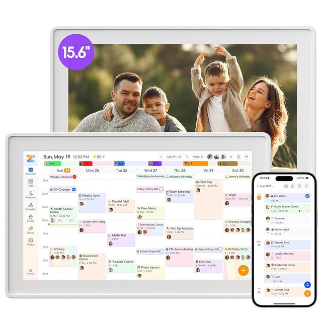Kinstone Digital Calendar 15.6" Smart Family Wall Touchscreen Display with Multi Calendar Sync, Chore Chart, Task List, Meal Planner, Digital Photo Frame, Wi-Fi, Wall or Desk Mount, White