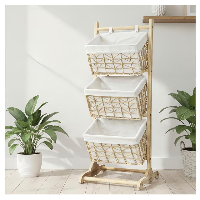 3-Tier basket stand Woven Floor Shelf Stackable Baskets, Multi-story wicker Storage Organizer,Multipurpose Rattan Rack for Bedroom Living Room Kitchen, Holds Toys Books Cans, Bohemian Home Decor