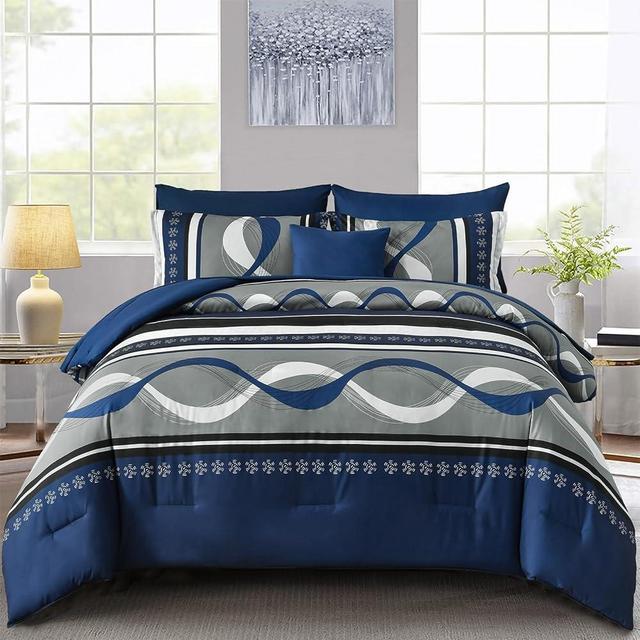 Anibedding Navy Blue Comforter Set Queen Size,8 Pieces Boho Bed in a Bag Patchwork Striped Comforter Set, Soft Microfiber Bedding Set for All Season(90"×90")