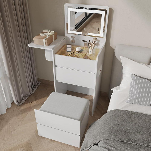 HIMAmonkey 3-in-1 Vanity Desk with Mirror and Lights, Small Makeup Vanity with 3 Drawers, Corner Vanity Set with Soft Stool, Compact Dressing Table for Living Room/Bedroom-19.7in/White