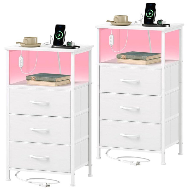 Somdot Nightstands Set of 2,Bedside Tables with Charging Station and LED Lights,Night Stand with 3 Fabric Drawers, End Tables with Open Shelf for Bedroom Living Room Entryway Hallway, White Leather