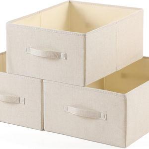 Linen Folding Storage Bins, 3 Pack Large Storage Baskets, Washable, Clothing Storage Bins with Handle, Closet Organizer for Storage Sweater,Sheets(Beige, 18½"x13½"x8½")