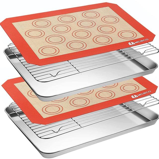 MCIRCO 6 Piece Stainless Steel Baking Sheet with Rack with Silicone Baking Mat Set (2 Pans + 2 Racks + 2 Mats), 12.4 x 9.6 x 1 Inch Cookie Sheet with Cooling Rack, Non Toxic, Heavy Duty & Easy Clean