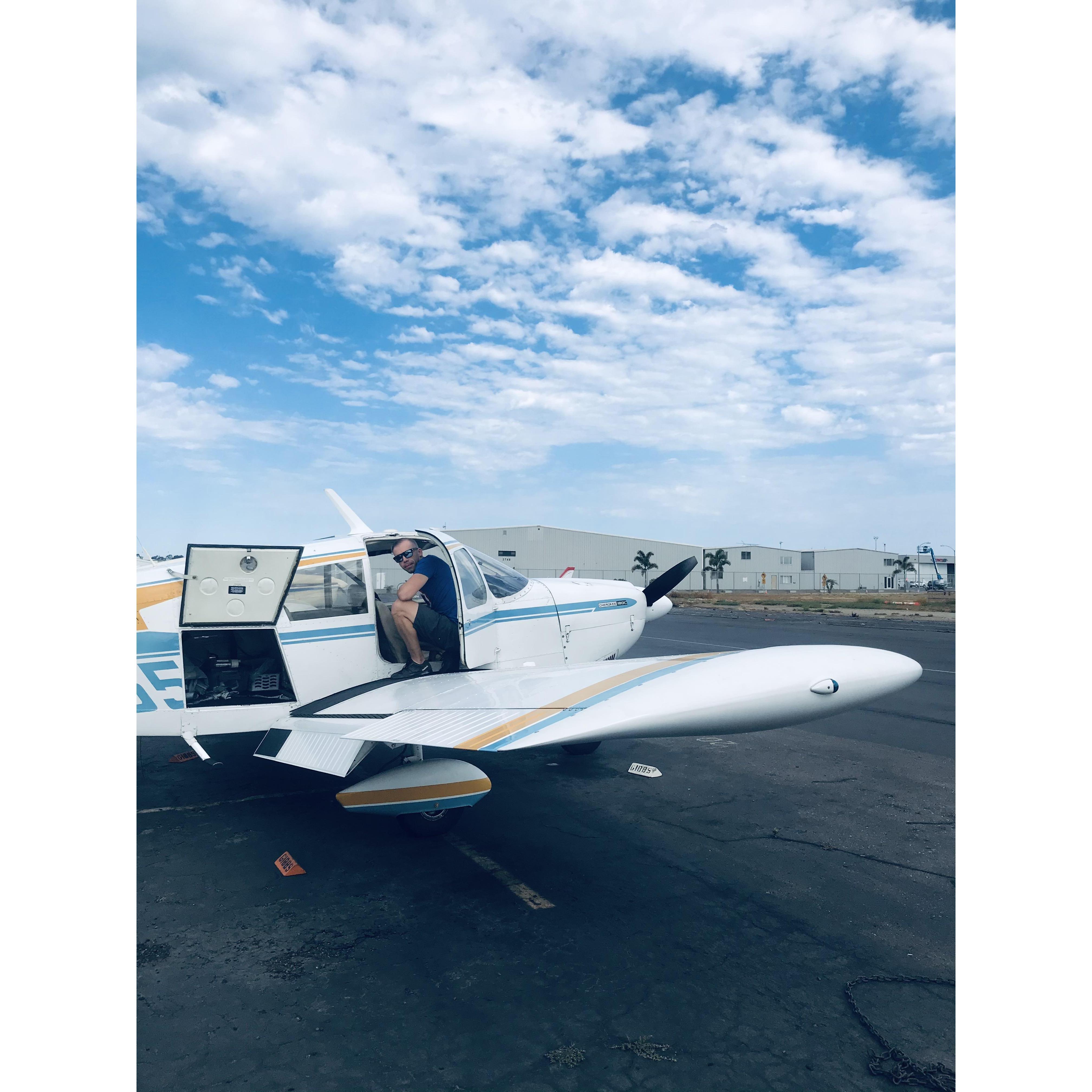 Ben in the Cessna, before taking off for Kelsey's first plane ride to Catalina.