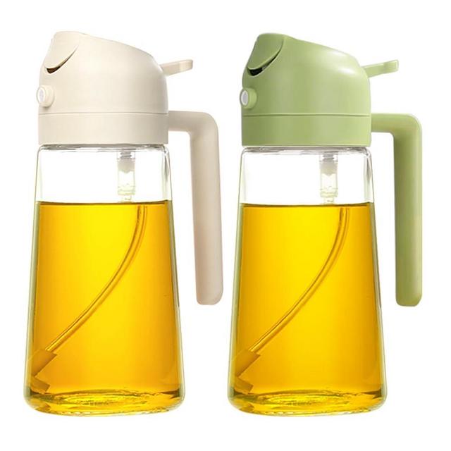 YARRAMATE Olive Oil Dispenser, 2 in 1 Oil Sprayer for Cooking, 17oz/500ml Glass Oil Spray Bottle with Pourer, Food-grade Oil Dispenser and Oil Sprayer for Kitchen, Salad, Frying, BBQ (White & Green)