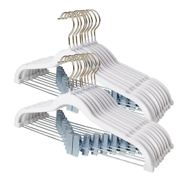 Stormix Pants Hangers, 18 Pack Vevlt Skirt Hanger with Clips, Non-Slip Coat Hangers, Heavy-Duty Clothes Hangers for Shorts, Pants, Skirts, Dresses, Jackets, Coat White (Gold Hook)