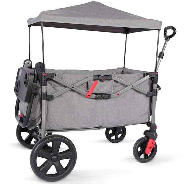 EVER ADVANCED Foldable Wagon for Two Kids & Cargo, Collapsible Folding Stroller with Adjustable Handle Bar,Removable Canopy with 5-Point Harness