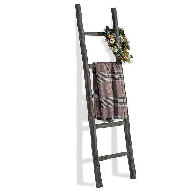 FUIN Fully Assembled 5 Ft Wood Decorative Wall Leaning Blanket Ladders Bathroom Storage Quilt Towel Display Rack Shelf Holder Rustic Farmhouse, Gray