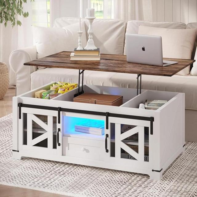 Vabches 47.2" Farmhouse Lift Top Coffee Table with Hidden Storage Cabinet, Rustic Center Table with Sliding Barn Door and LED Light, Multi-Function Coffee Tables for Living Room, Bedroom, Office
