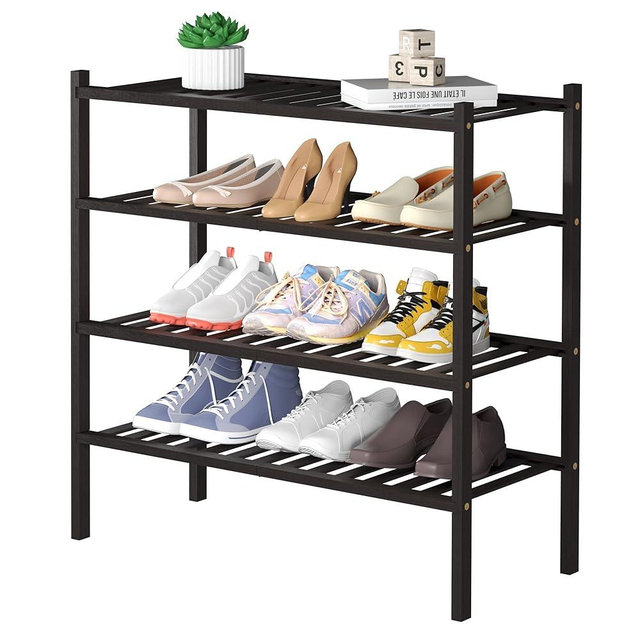 ROMGUAR CRAFT 4 Tier Bamboo Shoe Rack for Closet Free Standing Wood Shoe Shelf for Entryway Small Space Stackable 27"x11"x26" (Brown)