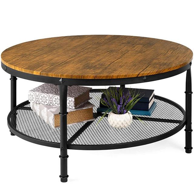 Best Choice Products 2-Tier 35.5in Round Industrial Coffee Table, Rustic Steel Accent Side Table for Living Room, w/Wooden Tabletop, Reinforced Crossbars, Padded Feet, Open Shelf, Raised Bottom