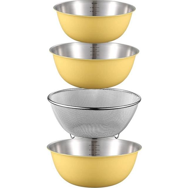 A.B Crew Stainless Steel Mixing Bowls and Colander Set Mixing Bowls with Scale Salad Bowl with Colander Fine Mesh Strainer Basket Baking Bowl Set Cooking Scale Bowl for Kitchen Decoration Yellow