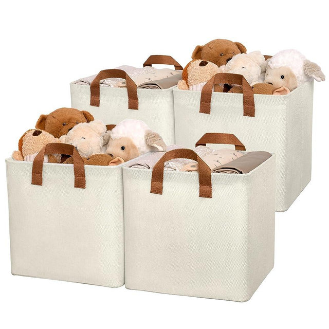 GRANNY SAYS Storage Cubes Organizer, 11 Inch Foldable Fabric Bins Organizing, Fabric Storage Cubes with Metal Frame, Decorative Storage Cubes with Handles, Baskets for shelves, Beige, 4-Pack