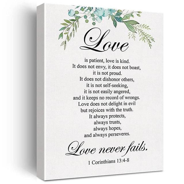 Christian Canvas Wall Art Love is Patient Love is Kind 1 Corinthians 13:4-8 Canvas Print Positive Scripture Canvas Painting Home Bedroom Wall Decor Framed Wedding Gift 12x15 Inch