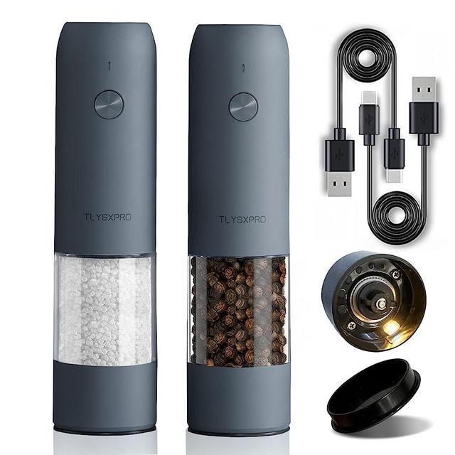 Electric Salt and Pepper Grinder Set with USB Rechargeable, Automatic One Hand Operation with Adjustable Coarseness, Pepper Mill Grinder Refillable with LED Light, Kitchen Gadgets (2 Packs, Blue-Grey)
