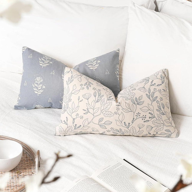 SageSelvas Farmhouse Decorative Lumbar Throw Pillow Cover 12X20 Set of 2, Floral Coastal Blue Cotton Accent Lumbar Throw Pillow for Couch Sofa Living Room, Cover ONLY