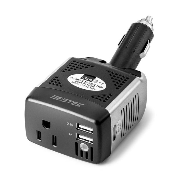 BESTEK 150W Power Inverter 12V to 110V Voltage Converter Car Charger Power Adapter with 3.1A Dual USB Charging Ports, Rotatable Plug & Safety Protection for Road Trip, Camping, Laptop