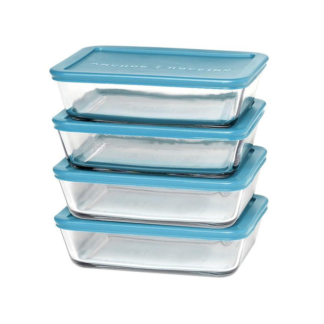 Anchor Hocking SnugFitTM Rectangular Food Storage Containers with Lids (4-Piece, 6-cup, Teal, oven-safe)