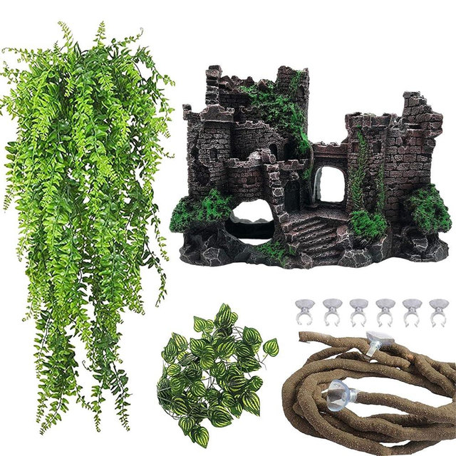 PINVNBY Reptile Resin Castle Decoration,Bearded Dragon Habitat Accessories Crested Gecko Hideouts Cave Reptiles Vines Flexible Jungle Climbing Vines Decor for Chameleon Snake Gecko Lizard(4 Pcs)