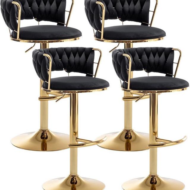 Canxkun Gold Bar Stools Set of 4, Counter Height Bar Stools with Low Back, Velvet Adjustable Barstools, 360° Swivel Bar Chairs for Kitchen Island, Pub (Black)