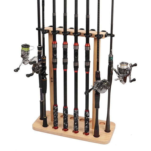 VEYWANE Fishing Rod Storage Racks, 100% Wood Floor Stand Fishing Pole Holders for Garage of 14 Rods or Combos
