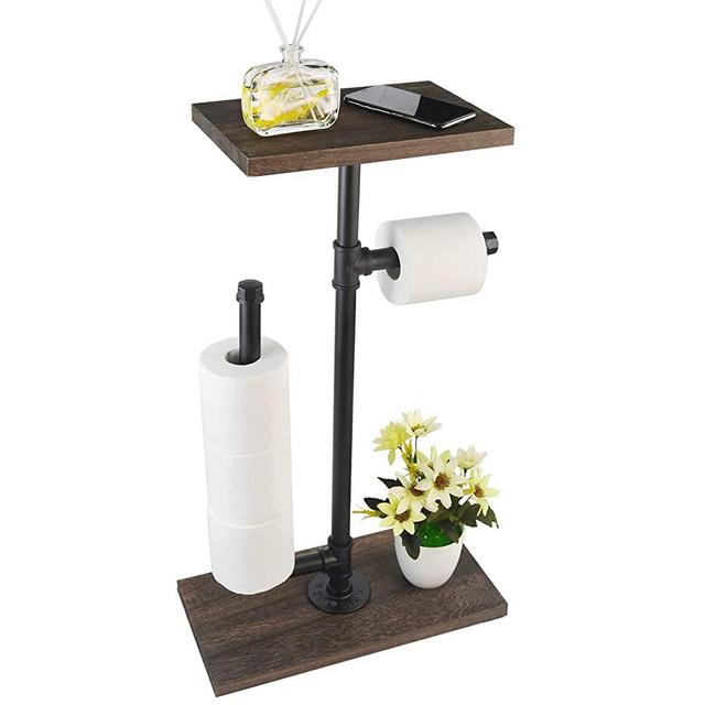 Toilet Paper Holder, Freestanding Tissue Paper Roll Holder Stand, Toilet Paper Storage Dispenser, Bathroom Accessories Tissue Holder with Rustic Wooden Storage Shelf and Cast Iron Pipe for Bathroom