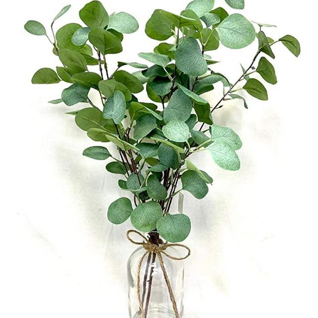 Faux Eucalyptus Leaves in Glass vase with Burlap for Home Shelf Office Wedding Tabletop Decor