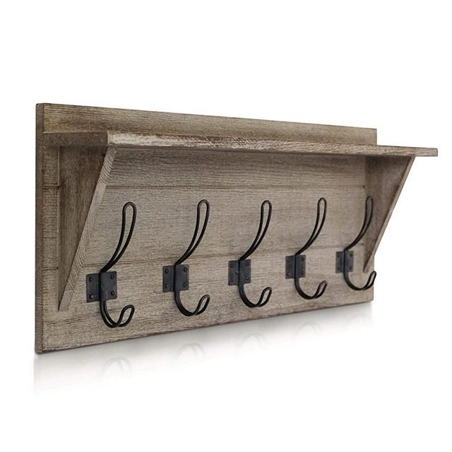 Rustic Wall Mounted Coat Rack Shelf - Wooden Country Style 24" Entryway Shelf with 5 Rustic Hooks - Solid Pine Wood. Perfect Touch for Your Entryway, Mudroom & Kitchen, (5- Weathered Brown)