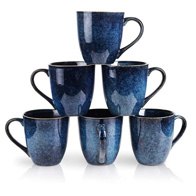 VICRAYS Coffee Mug Set, 12 Ounce, Set of 6, Ceramic Mug for Men, Women, Unique Glazed Mugs with Handle for Coffee, Tea, Milk, Cocoa, Cereal(blue)