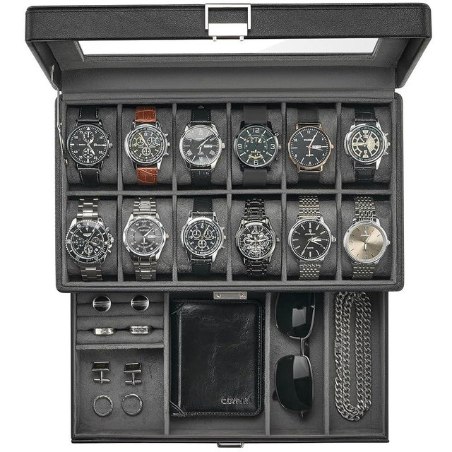 ProCase Watch Box for Men, Jewelry Organizer Box with Drawer, Display Storage Case with Glass Lid -Black, 12 Slot