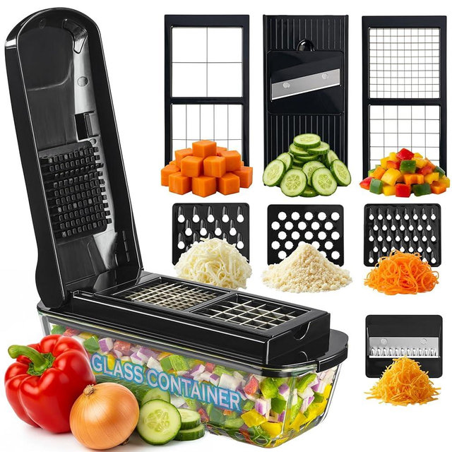 Le'raze 13-in-1 Vegetable Chopper Pro with Glass Container, Stainless Steel Blades, BPA-Free, Mandoline Slicer, Manual