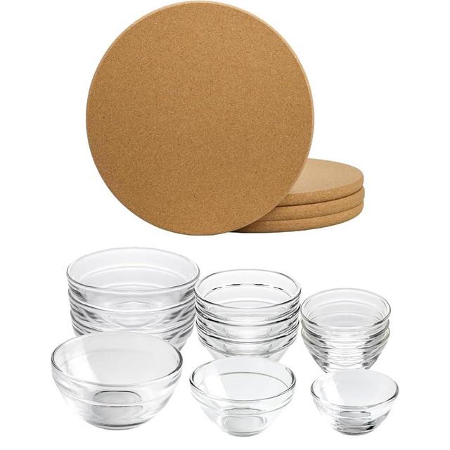 Round Cork Trivets, 7.5 Inches, 4-Pack + 3 Sizes of Glass Prep Bowl Sets, 1.5oz/2.5oz/3.5oz, Set of 12