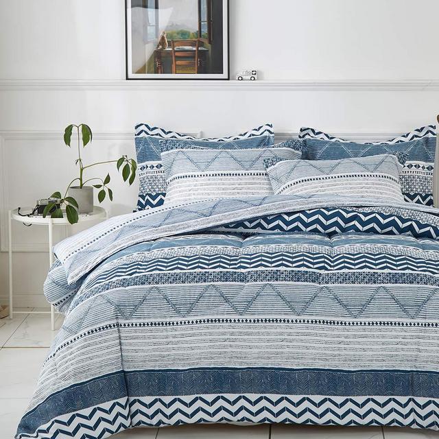 Joyreap 3pcs Comforter Set, Soft Microfiber Comforter for All Season, Navy Wave and Stripes on White Reversible Design (Queen, 90x90 inches)