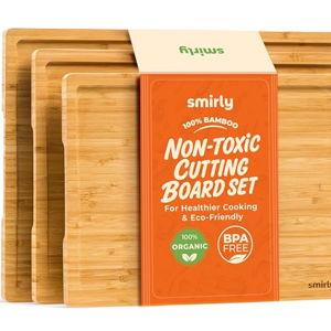 SMIRLY Bamboo Wooden Cutting Boards for Kitchen, Set of 3 Large - Small, Bamboo Wood Cutting Board Set with Deep Juice Grooves, Non Toxic Serving Tray, Perfect Mother's Day Gifts
