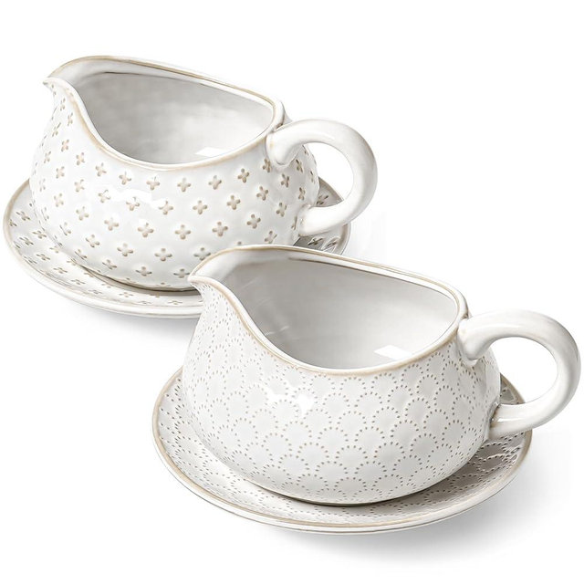 LE TAUCI Gravy Boat with Saucer Stand 24oz, Ceramic Sauce Boat with Tray for Salad Dressings, Creamer, Broth, Black Pepper, Set of 2, Arctic White, Firework+Clover