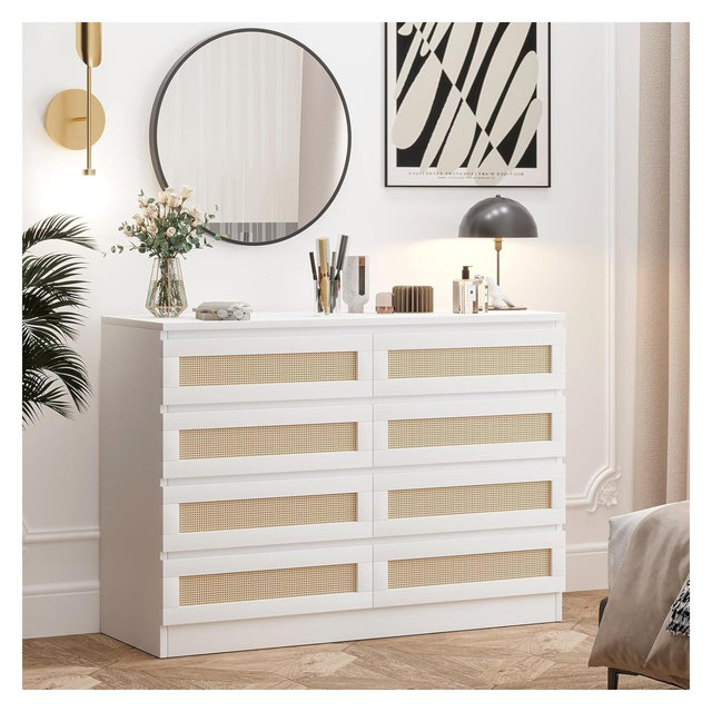 8-Drawer Rattan Double Dresser, Modern Wooden Storage Chest for Bedroom, Nursery, Closet, Living Room, and Entryway, White