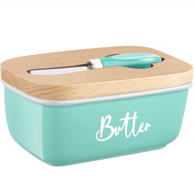 ALELION Turquoise Butter Dish with Lid and Knife for Countertop, Ceramic Butter Container with Beech Wood Lid, Airtight Butter Keeper for Counter or Fridge, for Teal Kitchen Decor and Accessories