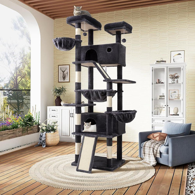 SHA CERLIN 81in Multi-Level Tall Cat Tree Tower for Indoor Kitties/Larger Cat Condo Furniture with Hammock/Cozy Pussycat Perches/Sisal Scratching Posts/Pet House/Wide Base/Dark Grey