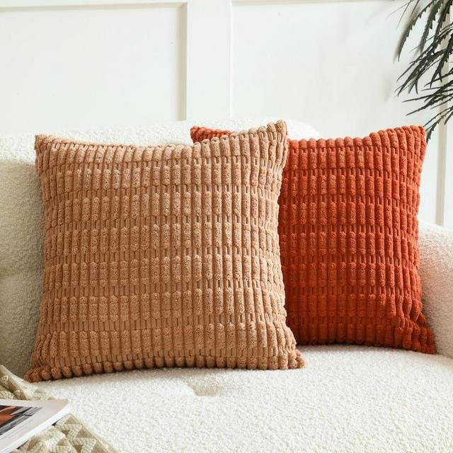 Panleding Pack of 2 Decorative Throw Pillow Covers, Corduroy Boho Striped Pillow Cases, Simple Modern Home Decor for Sofa Living Room Couch Bed, 18x18 Inch, Khaki & Rust