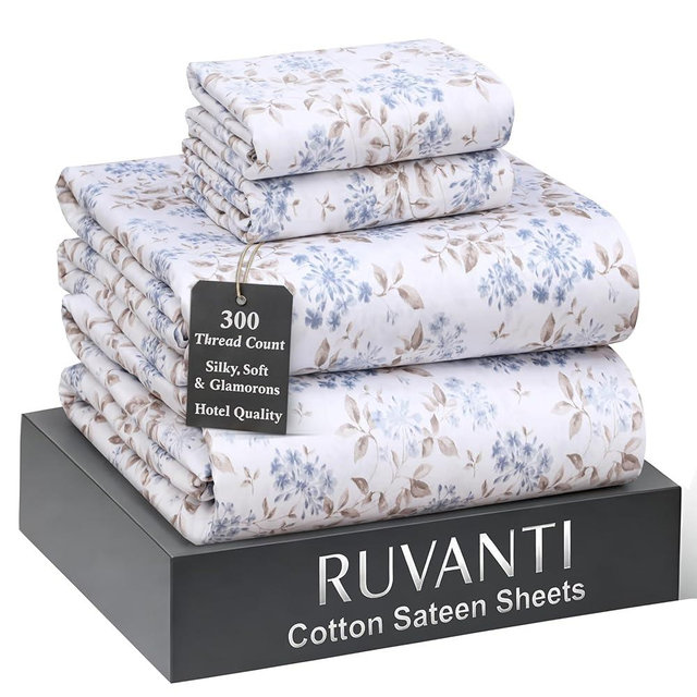 RUVANTI 100% Cotton Sheets King Size Bed Set - 300 Thread Count Silky Soft Sateen Weave, Cooling, Lightweight & Breathable, 16" Deep Pocket, Durable & Luxury Satin-Like, 4 Piece, Countryside