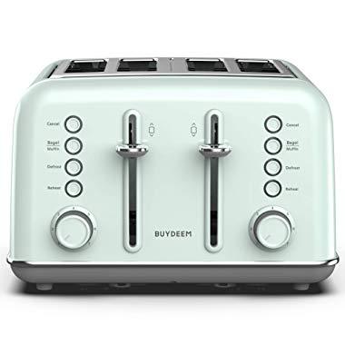 BUYDEEM DT-6B83G 4-Slice Toaster 丨Extra Wide Slots丨Teal Stainless Steel with High Lift Lever, Bagel and Muffin Function, 7-Shade Settings in Vintage Turquoise, Retro Pastel Green