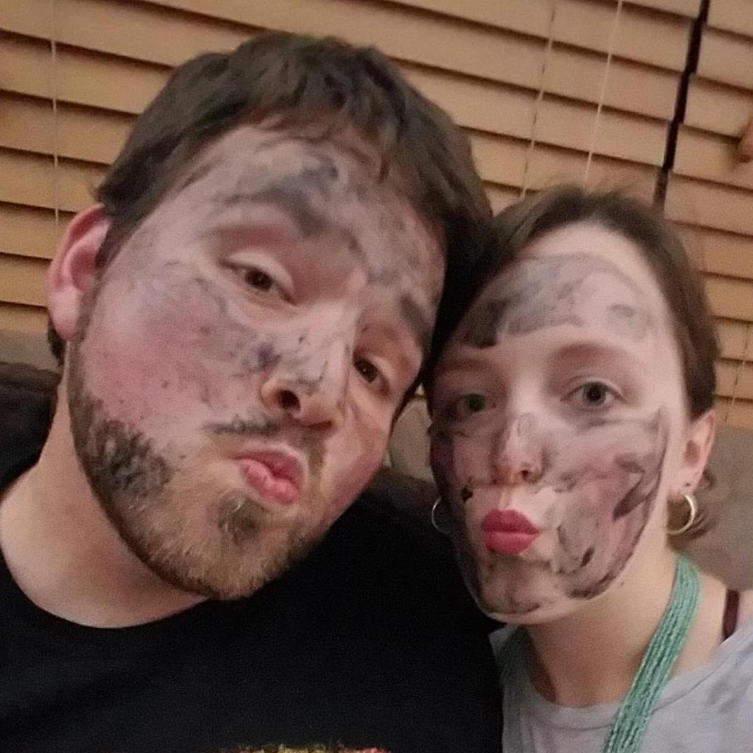 Our first picture together- and his first time trying a face mask! 10/2018