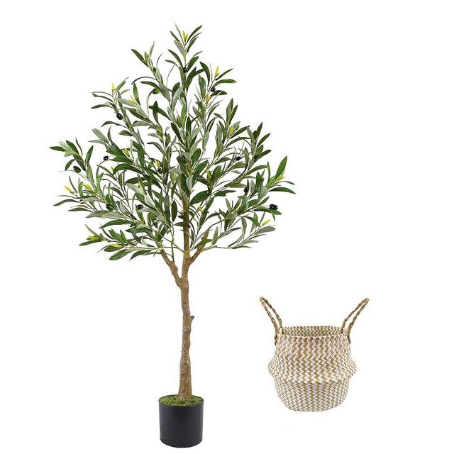 Warmplants Artificial Olive Tree, 4ft Tall Fake Olive Leaves Plant with Basket, Indoor Outdoor Faux Olive Topiary Silk Tree for Home Livingroom Office Décor